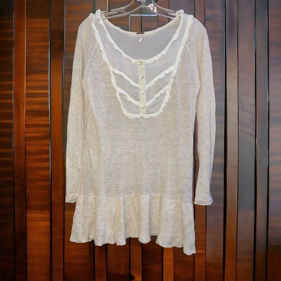 Free People S Lace Trimmed 100% Linen Oatmeal Sweater - Picture 2 of 7